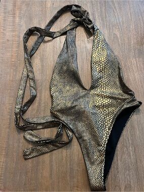 Gold Snake-Print Plunging Neck Line One-Piece Swimsuit